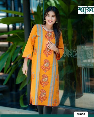 Pumpkin Orange Kamiz Hand Stitch with Block Print