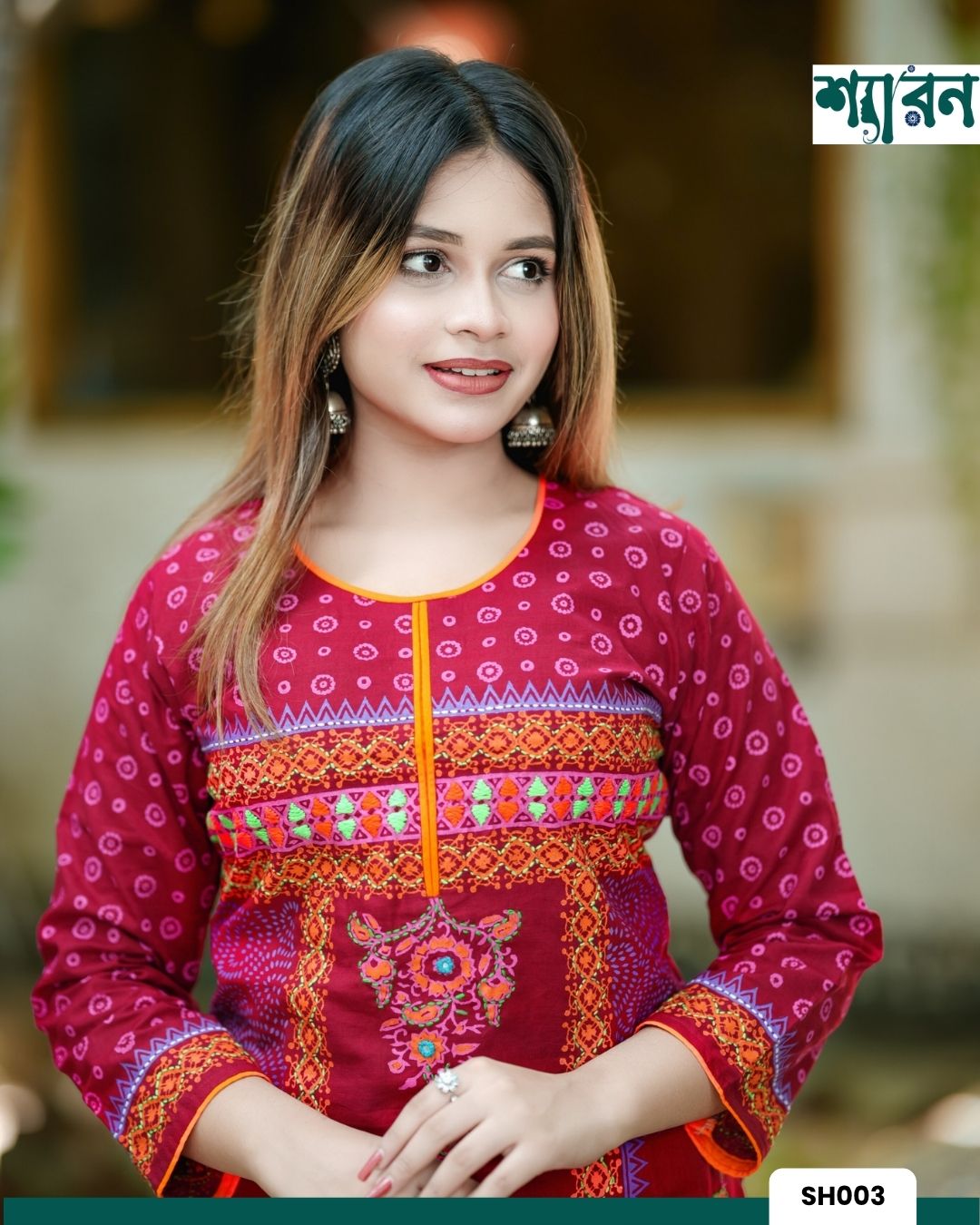 Red Puja Kurti – 100% Slub Cotton with Block Print & Embroidery - Image 2