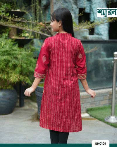 Alternative view of Girls' Hand Stitch with Block Print Stylish Red Kurti